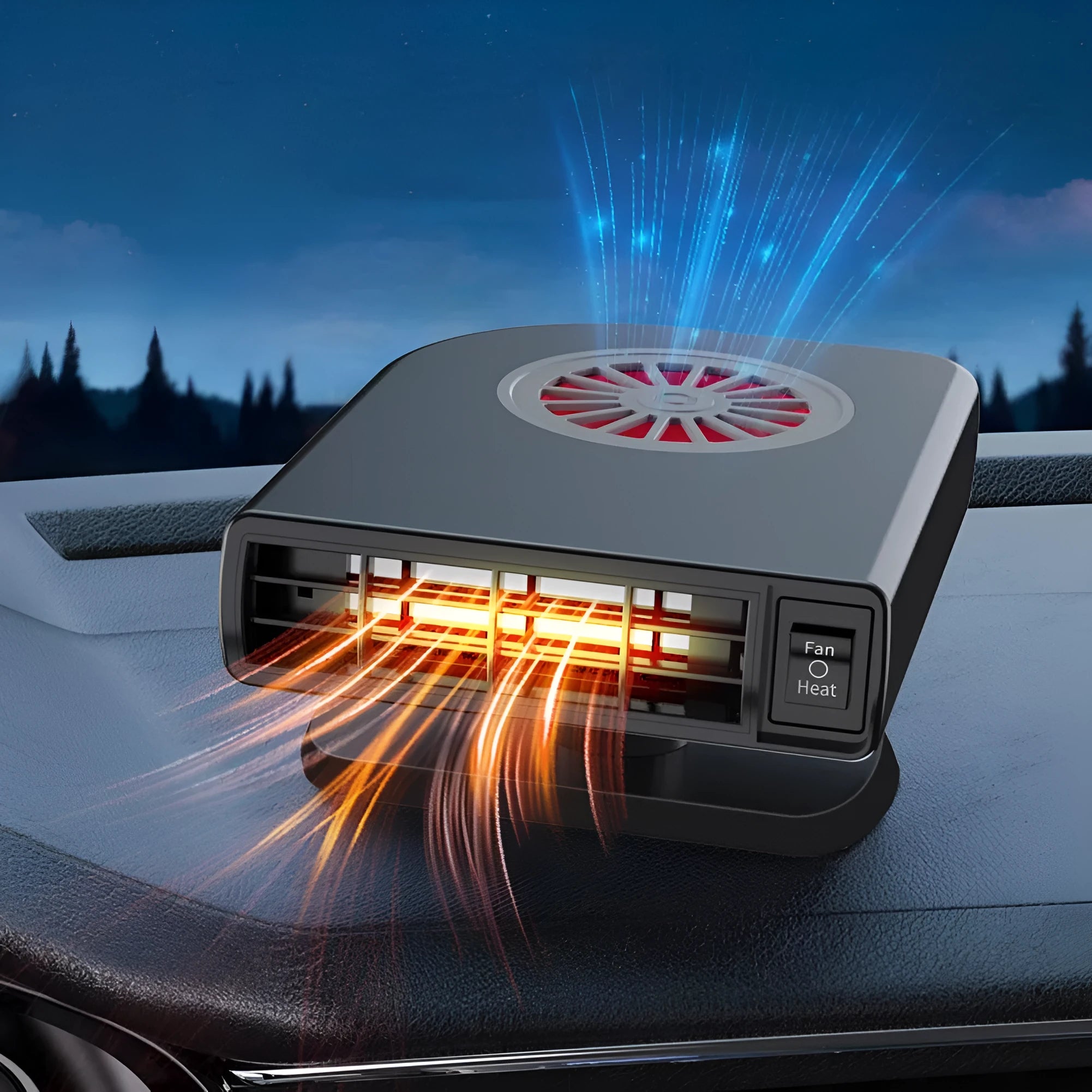 Black vehicle-mounted heater with adjustable head for car defrosting and defogging