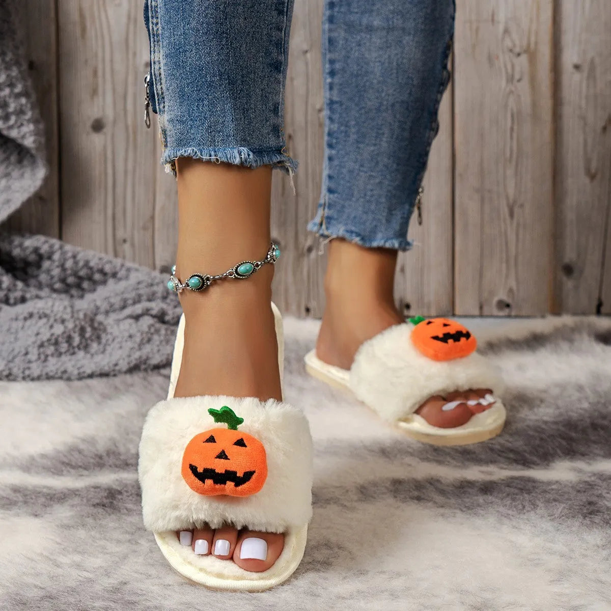 Pumpkin cartoon plush open toe slippers in white and yellow colours with synthetic fur upper