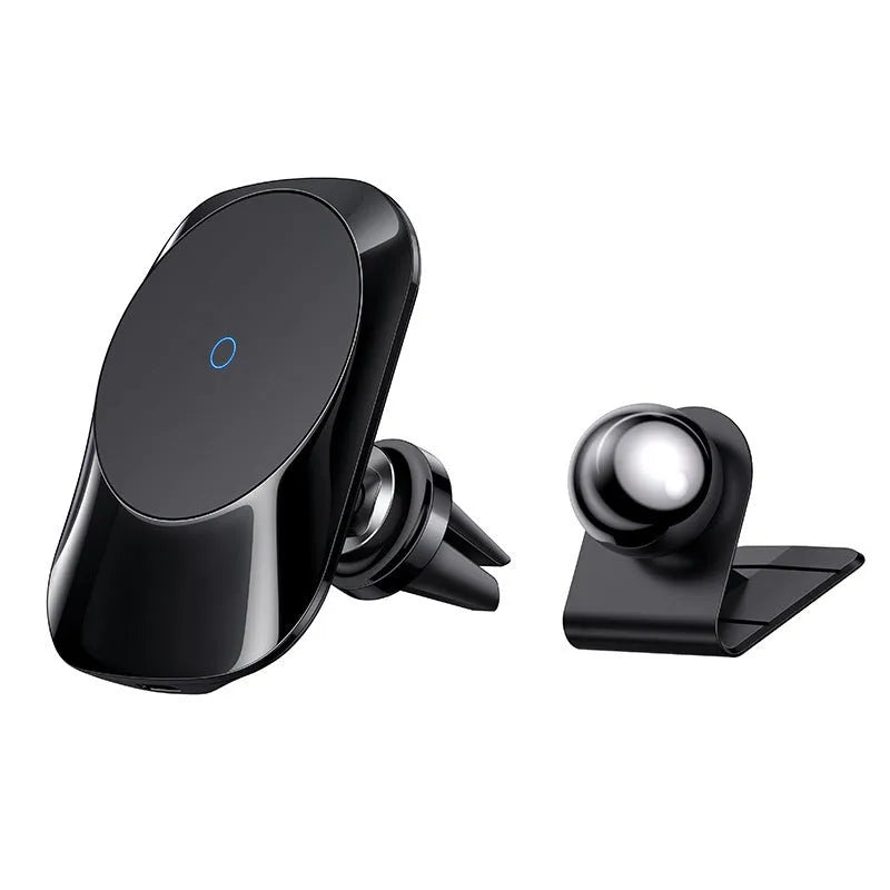 Black magnetic car wireless charging stand mounted on car dashboard with smartphone attached