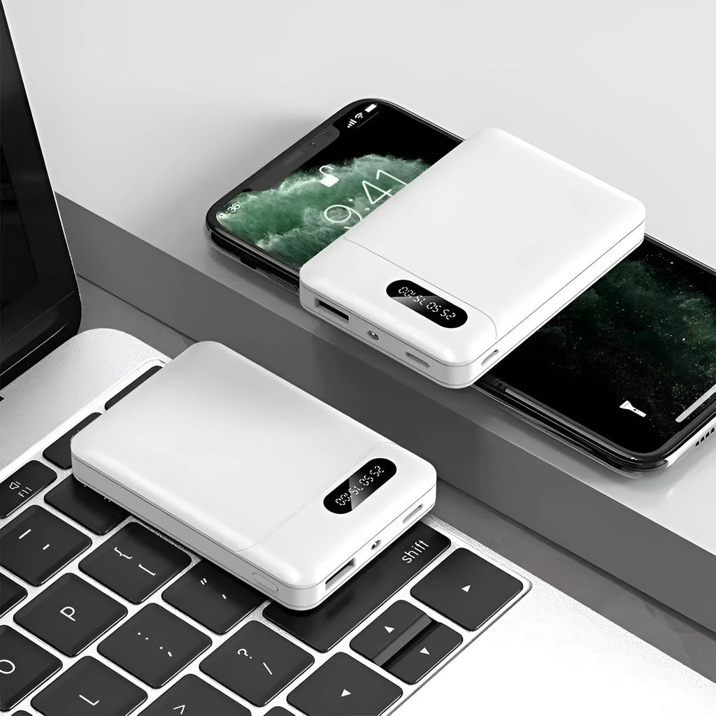 White or black portable power bank with multiple USB ports showing compact 92x63x23mm dimensions