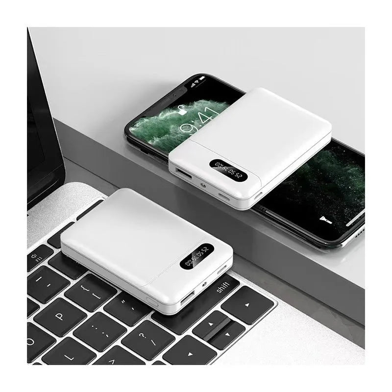 White or black portable power bank with multiple USB ports showing compact 92x63x23mm dimensions