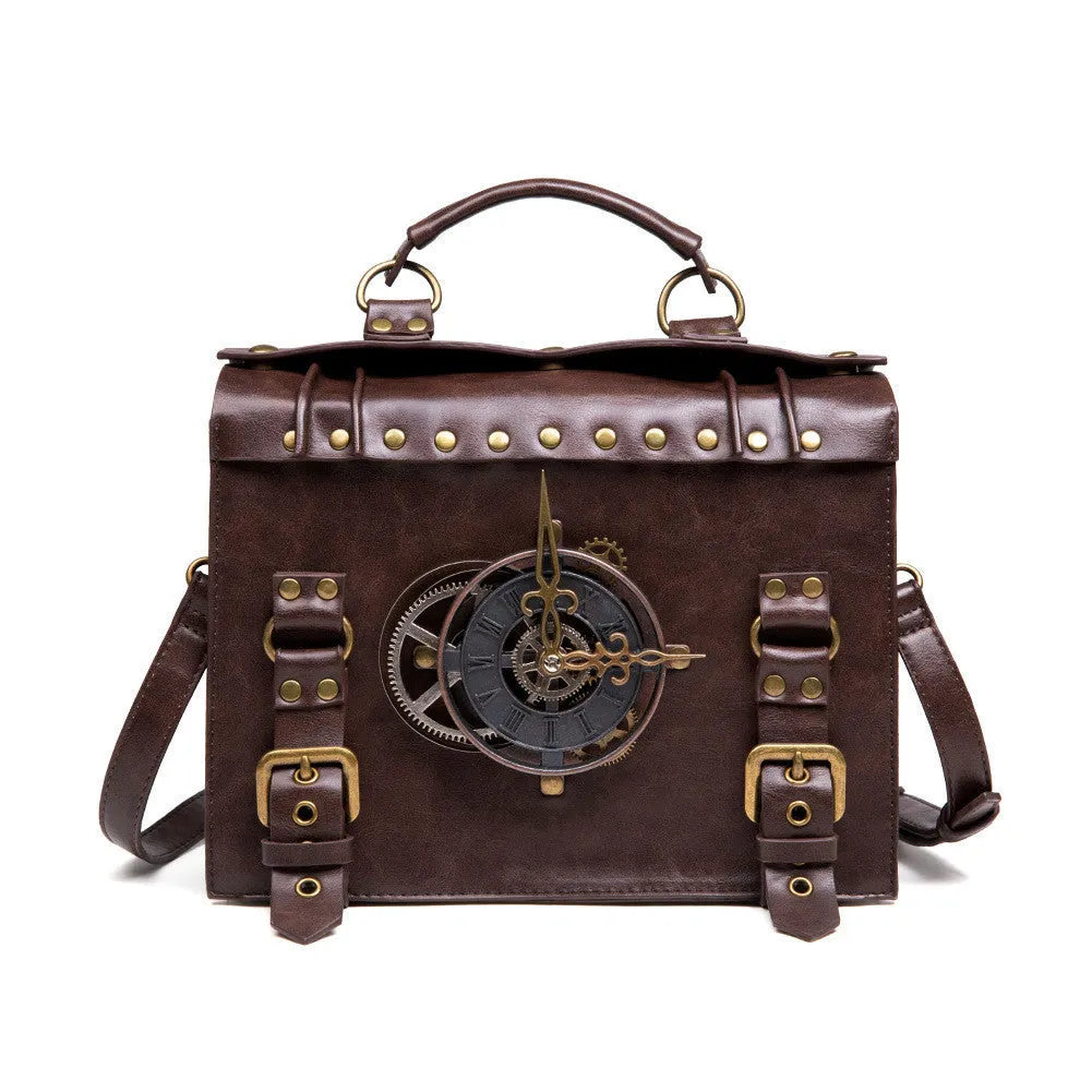 Bronze steampunk industrial retro style shoulder bag with metal details and pillow shape.