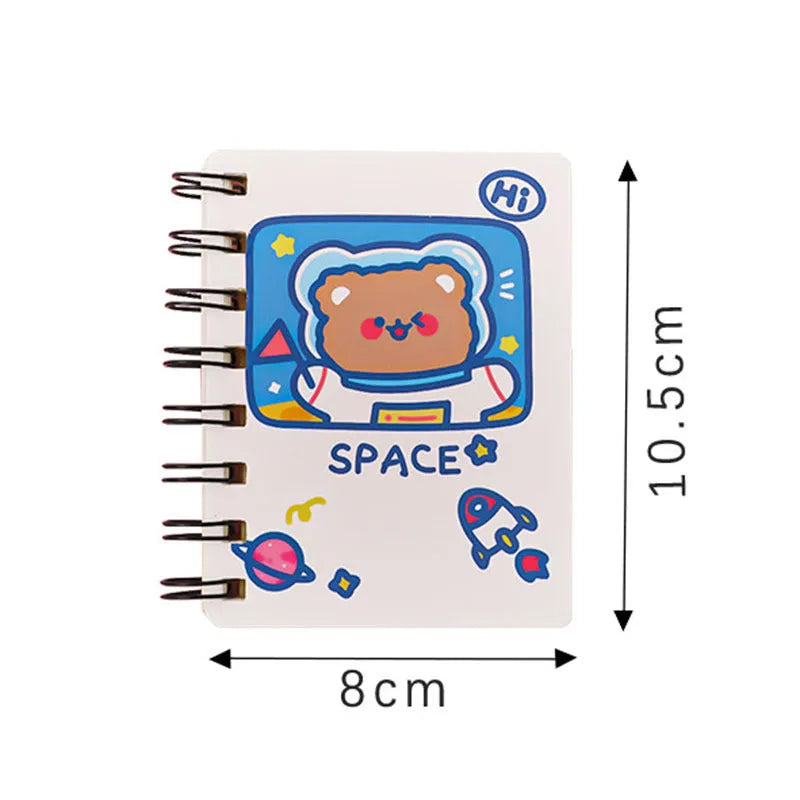 Astronaut-themed pocket notebook with flip closure showing 10.5 × 8 cm dimensions