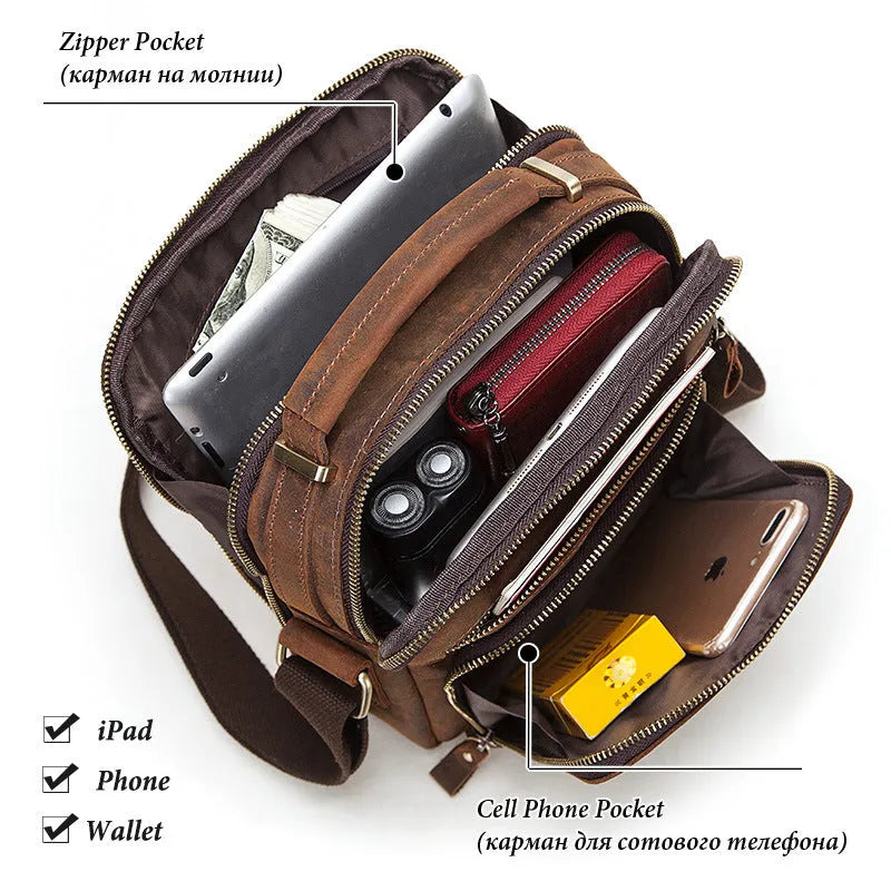 Men's brown crazy horse leather crossbody bag with sewing line detail and single shoulder strap.