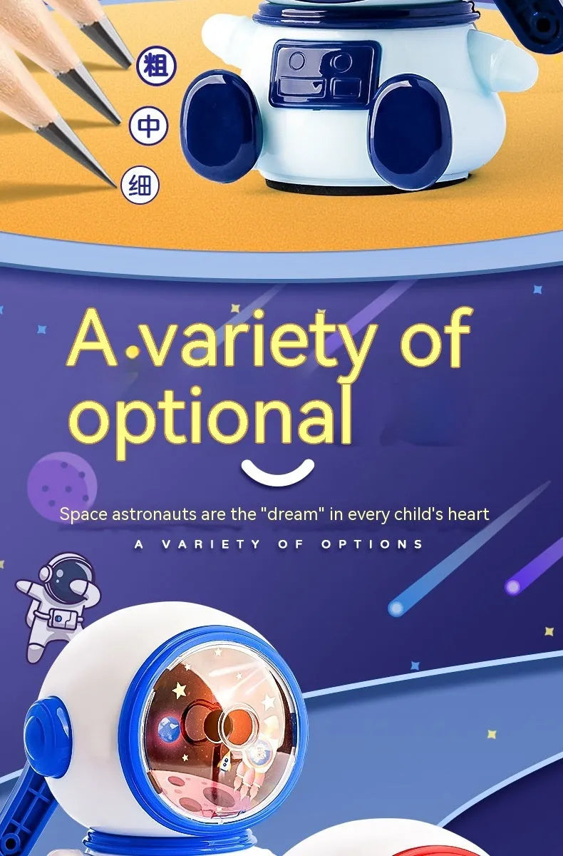 Blue and pink cartoon astronaut model manual pencil sharpener for children on a desk.