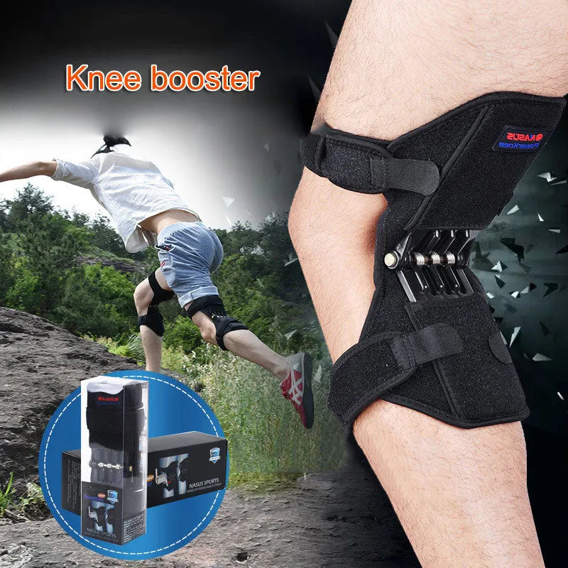 Adjustable spring knee brace support for patella, shown in black colour.