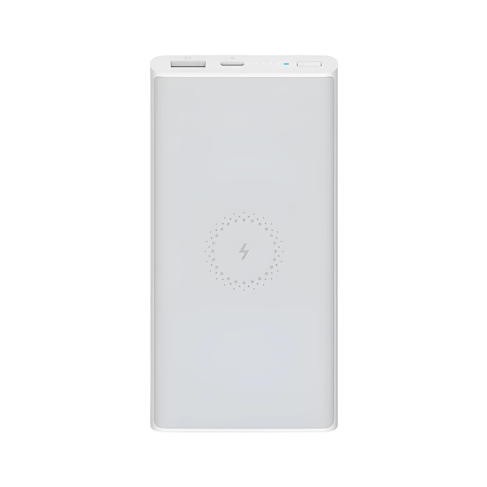 White large capacity 10000mAh power bank with USB port on a wooden table