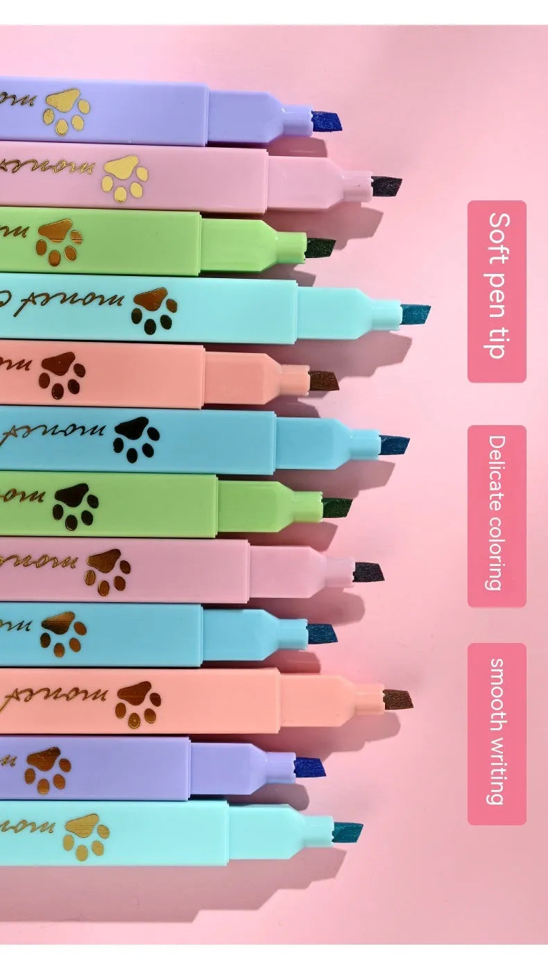 Cat's Paw fluorescent marking pen set showing six pens with oblique heads in different colours, packaged in a box.