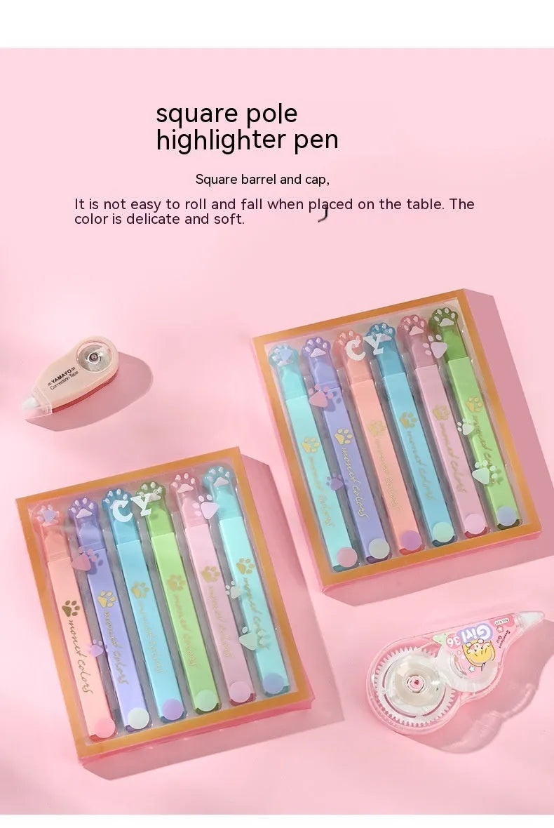 Cat's Paw fluorescent marking pen set showing six pens with oblique heads in different colours, packaged in a box.