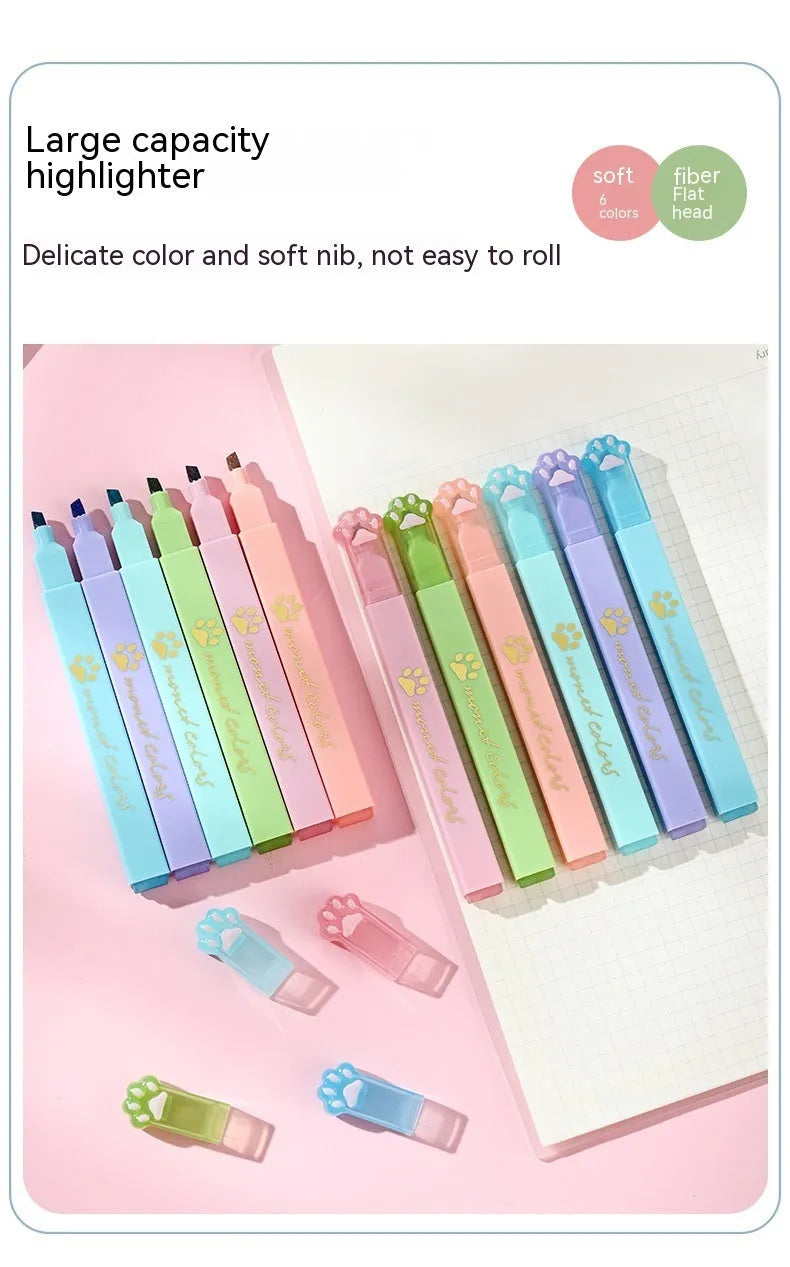 Cat's Paw fluorescent marking pen set showing six pens with oblique heads in different colours, packaged in a box.