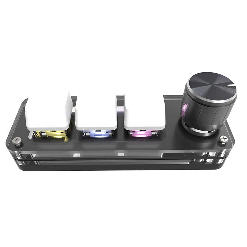 Black custom mechanical keypad with RGB backlighting and dedicated copy paste keys on desk