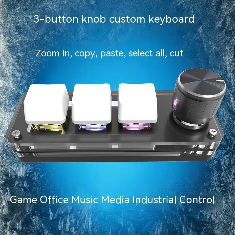 Black custom mechanical keypad with RGB backlighting and dedicated copy paste keys on desk