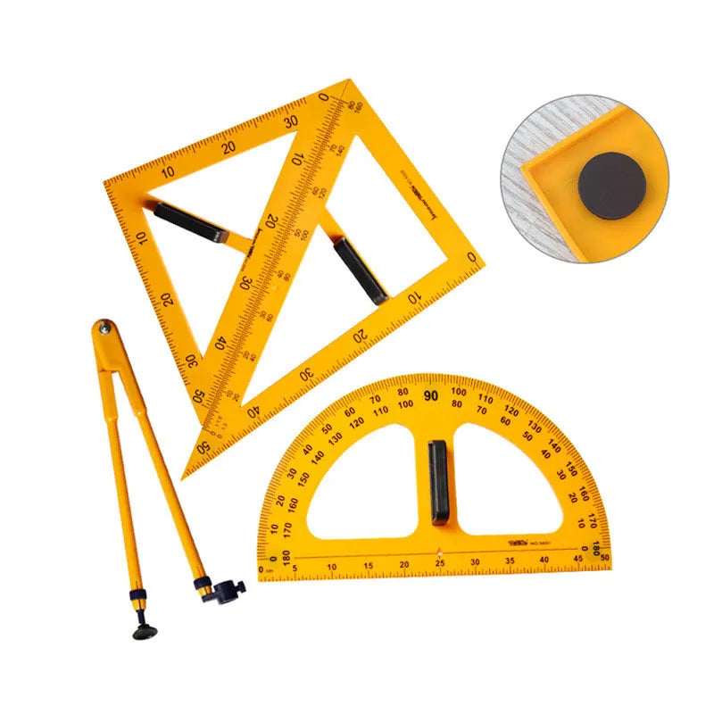 Orange and black mathematics teaching tools set with triangle rulers, protractor, and chalk compass