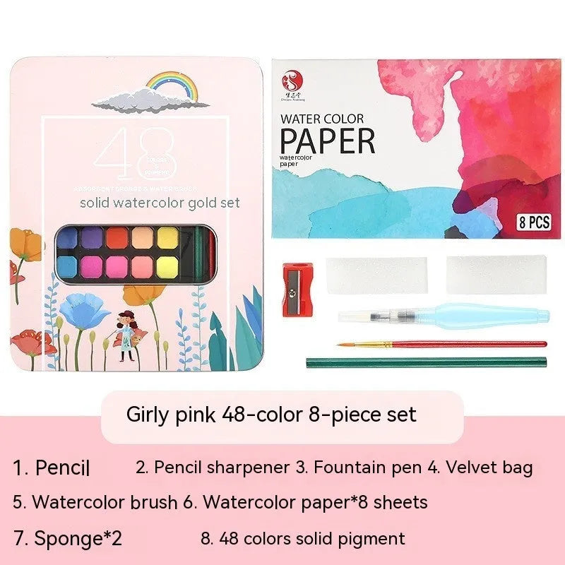 Boxed set of 48 solid watercolour paint tablets including Black Knight, Girl Pink, and Sunshine Blue colours.