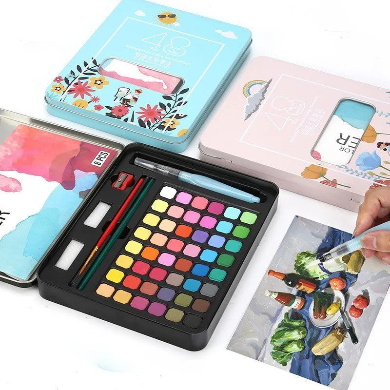 Boxed set of 48 solid watercolour paint tablets including Black Knight, Girl Pink, and Sunshine Blue colours.