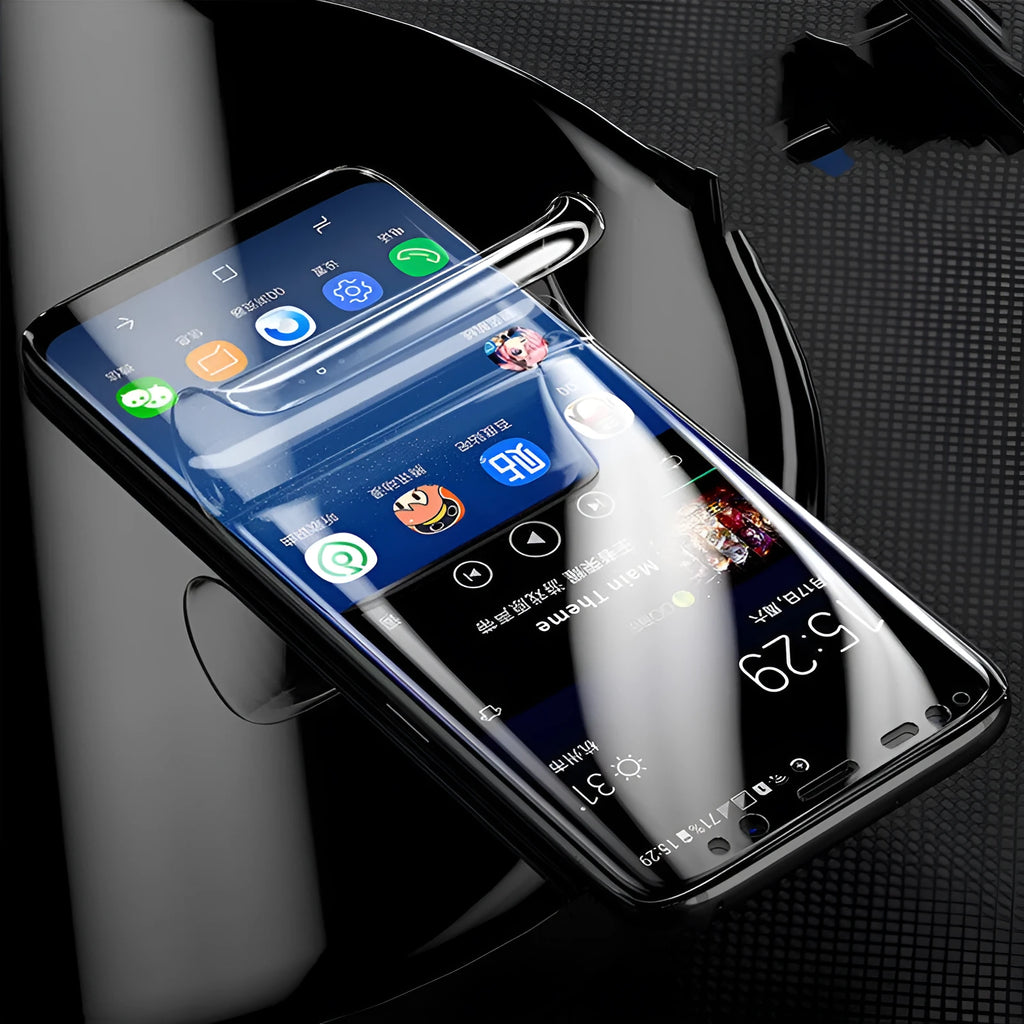 Purple Light hydraulic film screen protector for curved Samsung S10 S9 S8 phones on a matte surface.