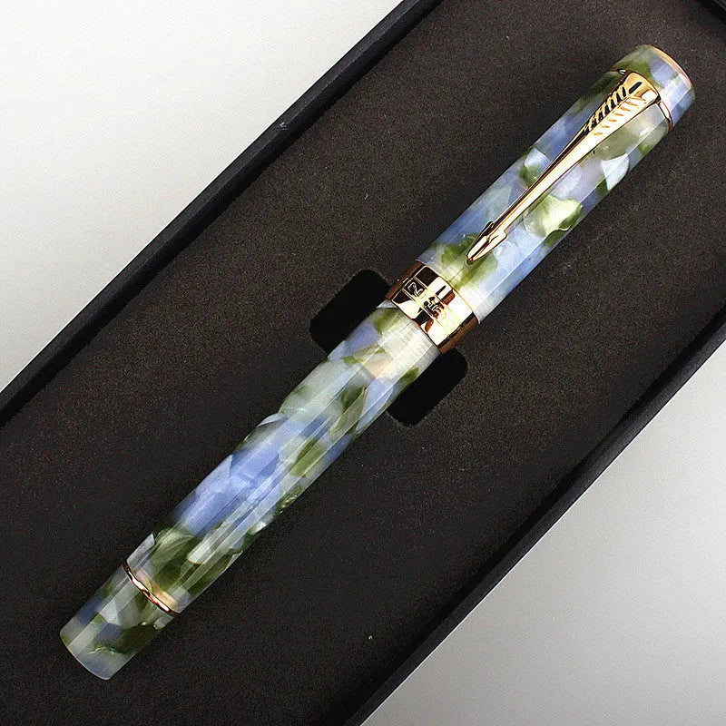 Deep bath green metal fountain pen showing fine, medium and graphic tip options