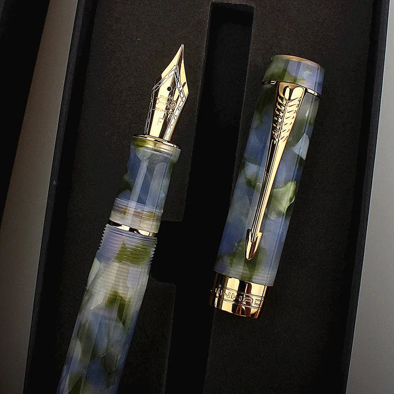 Deep bath green metal fountain pen showing fine, medium and graphic tip options