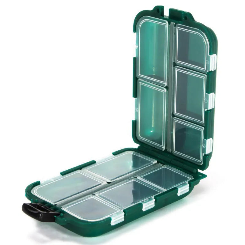 Small black plastic fishing tackle storage box open to show a 10-compartment grid interior.
