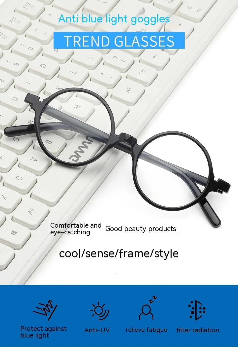 Artistic retro round glasses with PC frame in bright black, sand black, tofu pudding, and transparent grey colours