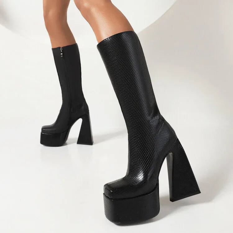 Women's black artificial PU high boots casual footwear with sizing options 34-43