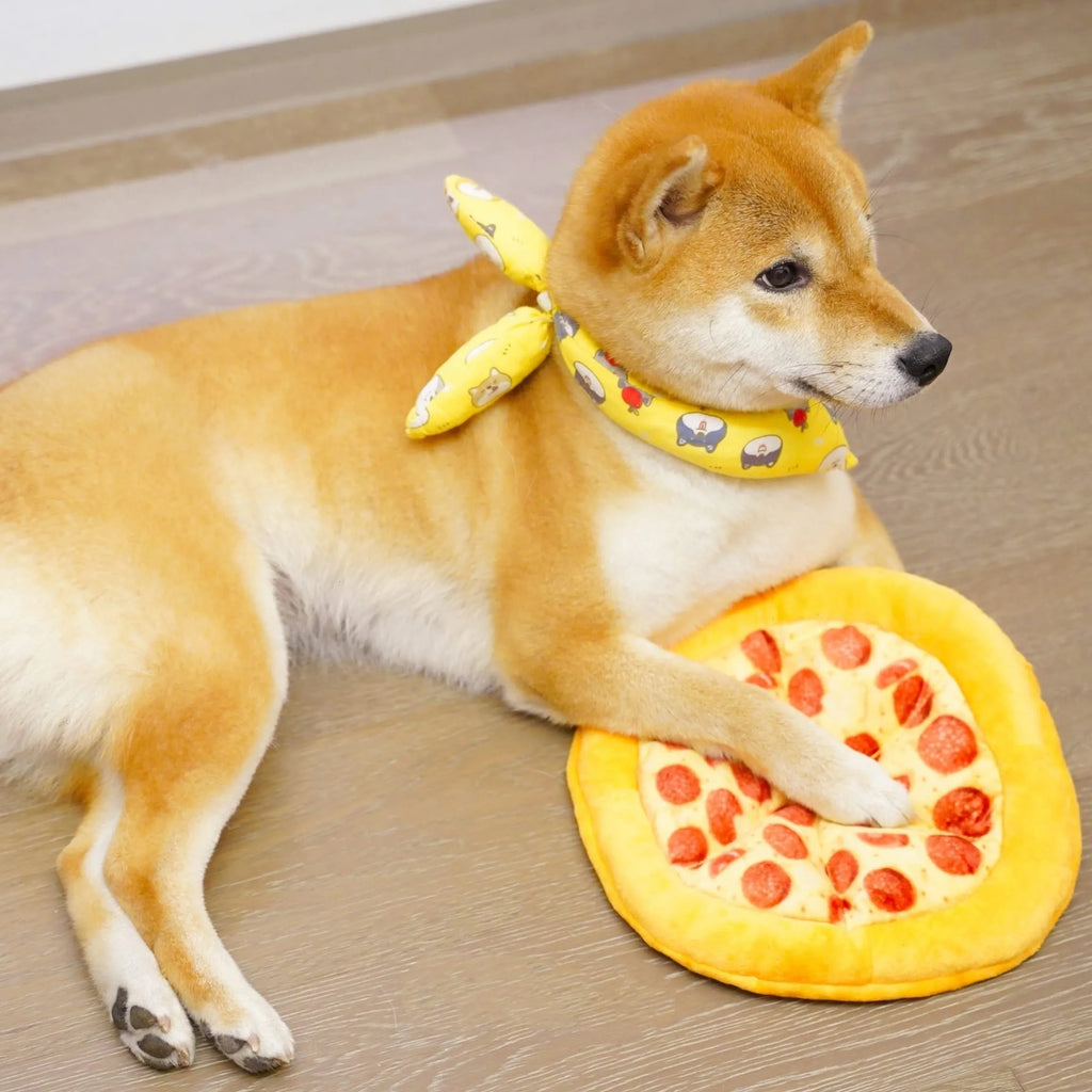 Yellow pizza slice shaped plush dog chewing toy with a squeaker for medium and small dogs.
