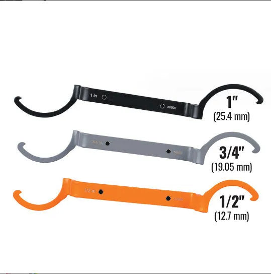 Three magnetic suction wrenches in orange, grey, and black colours showing size differences