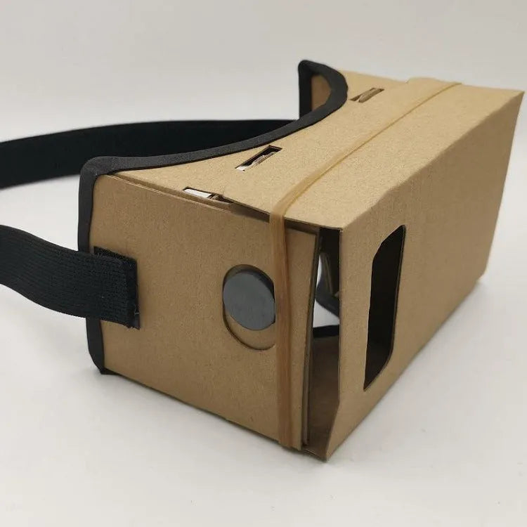 Pink cardboard VR glasses with rubber head strap and 3D lenses for smartphones