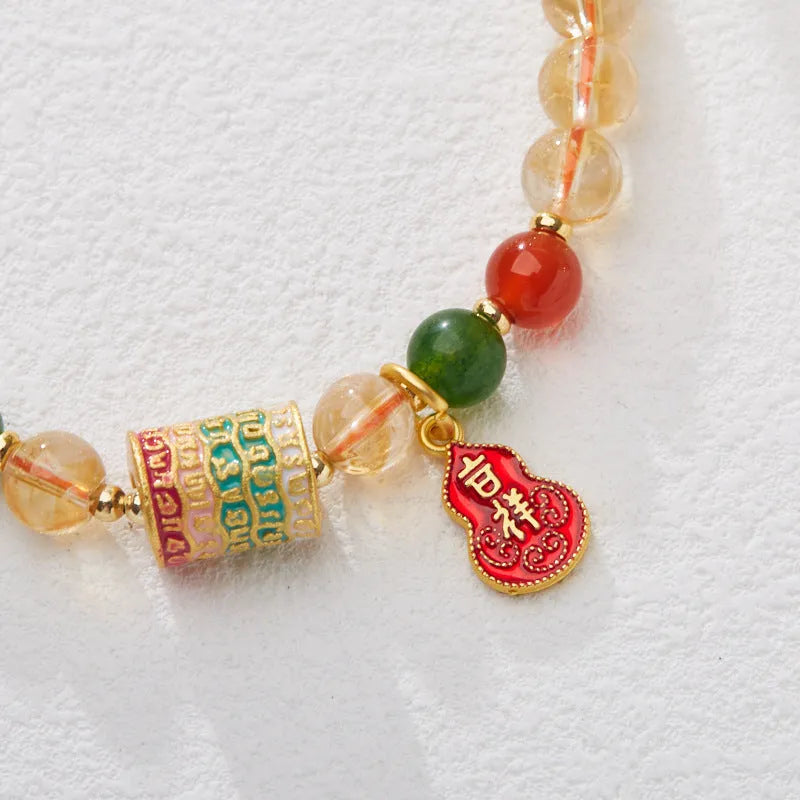 Hand-woven citrine five sutra bracelet with 6mm crystal beads and geometric five-warp design