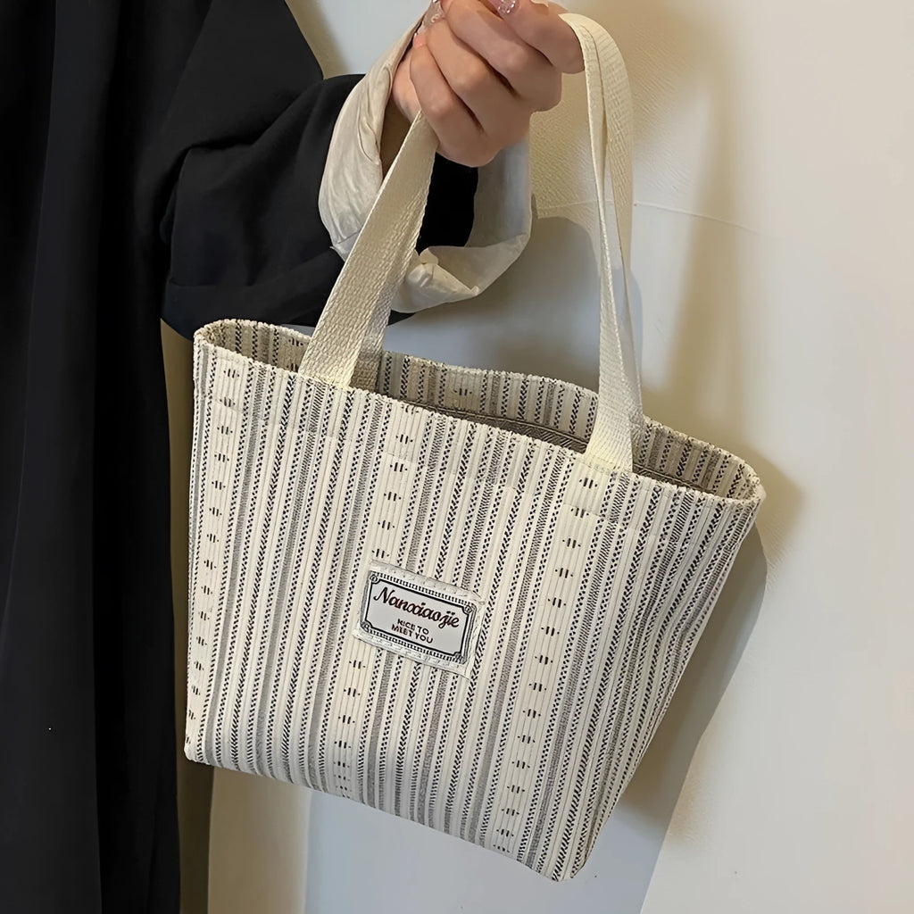 Japanese style corduroy women's shoulder bag in dark brown, grey and ivory white colours
