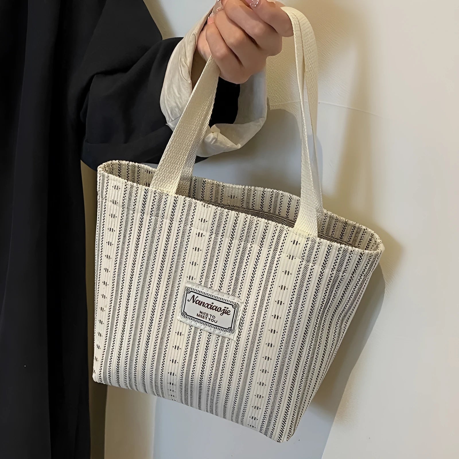 Japanese style corduroy women's shoulder bag in dark brown, grey and ivory white colours