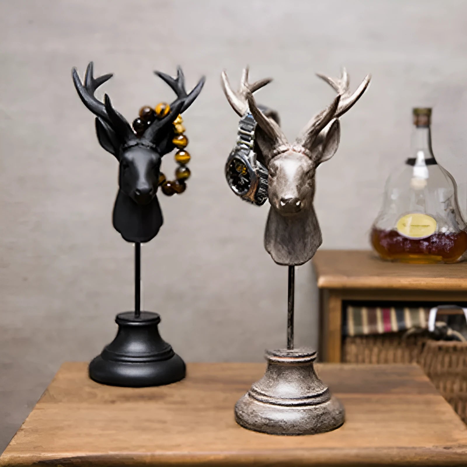 A solid natural resin animal sculpture for home decoration in black, white, or wood colour.