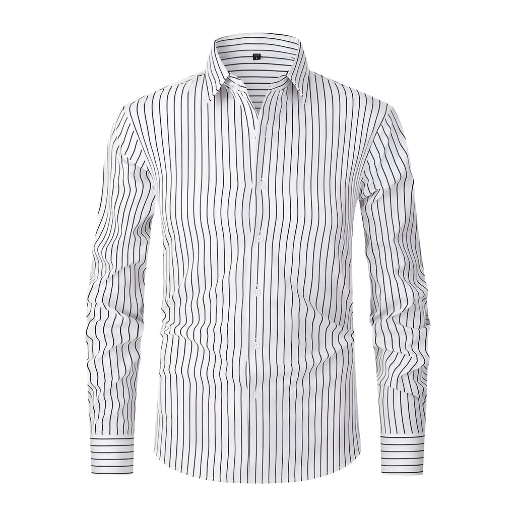 Men's striped ice silk polyester business shirt with slim fit on Asian mannequin showing XXS to XL sizing