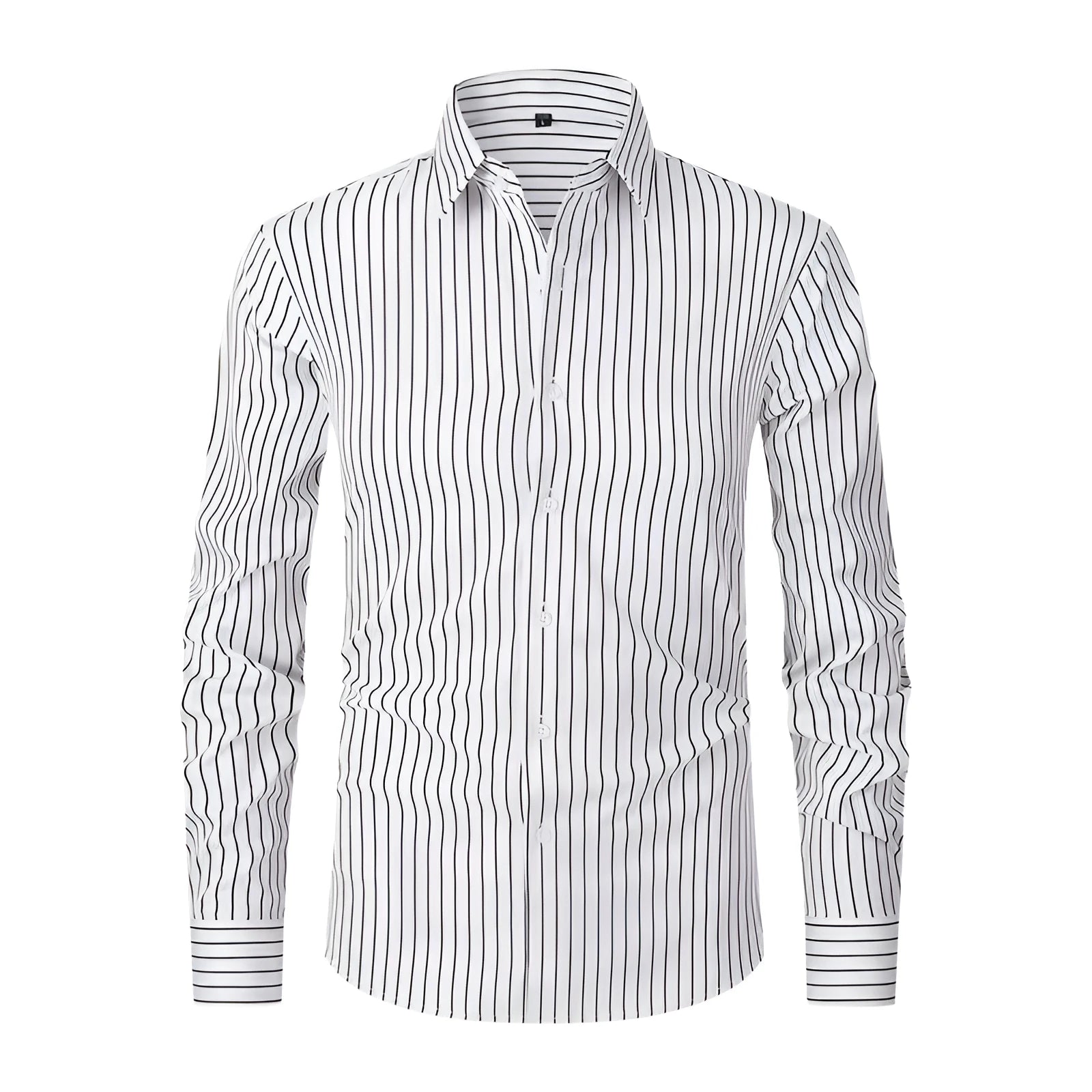 Men's striped ice silk polyester business shirt with slim fit on Asian mannequin showing XXS to XL sizing