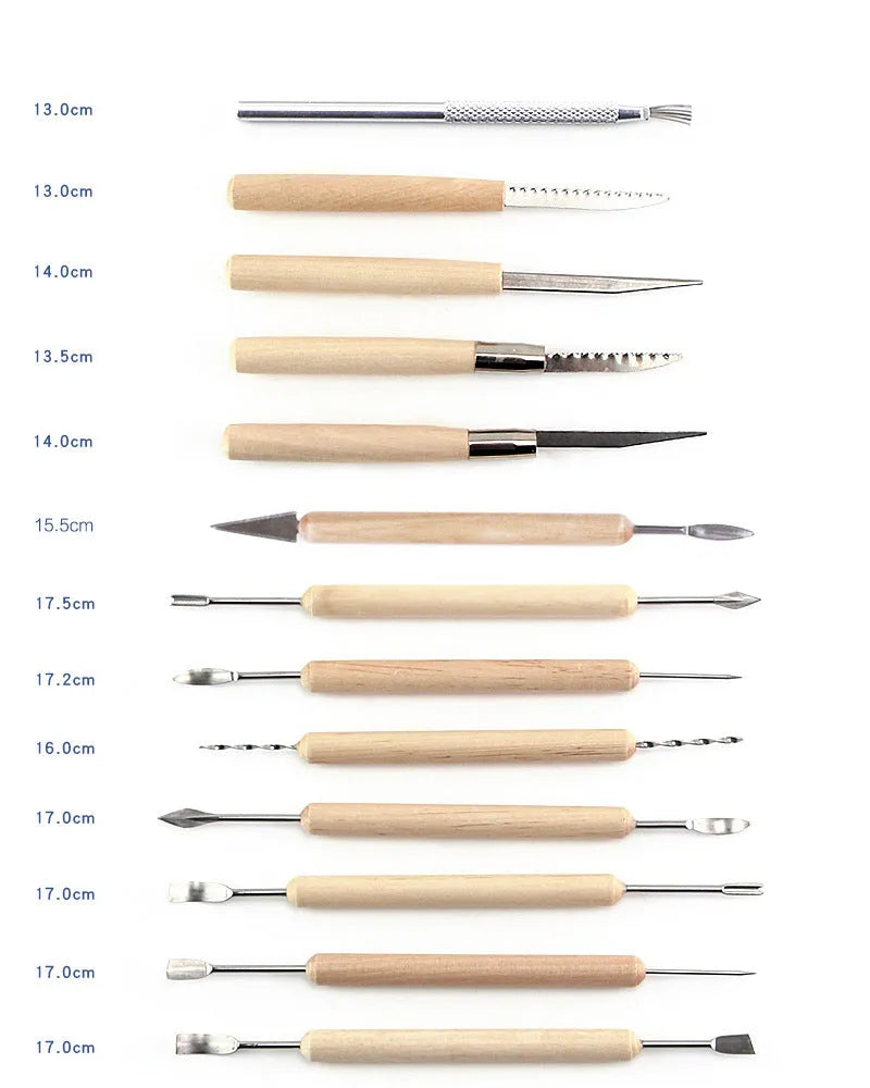 27-piece pottery clay tool set containing stainless steel, wood, and plastic tools for sculpture work