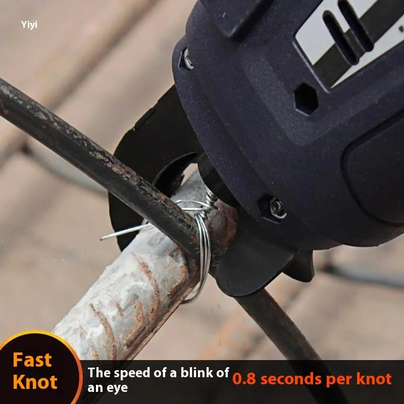 Fully automatic electric steel bar tying machine with battery on a construction site.