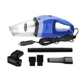 Orange, black, and blue portable handheld 12V car vacuum cleaner with nozzle attachments.