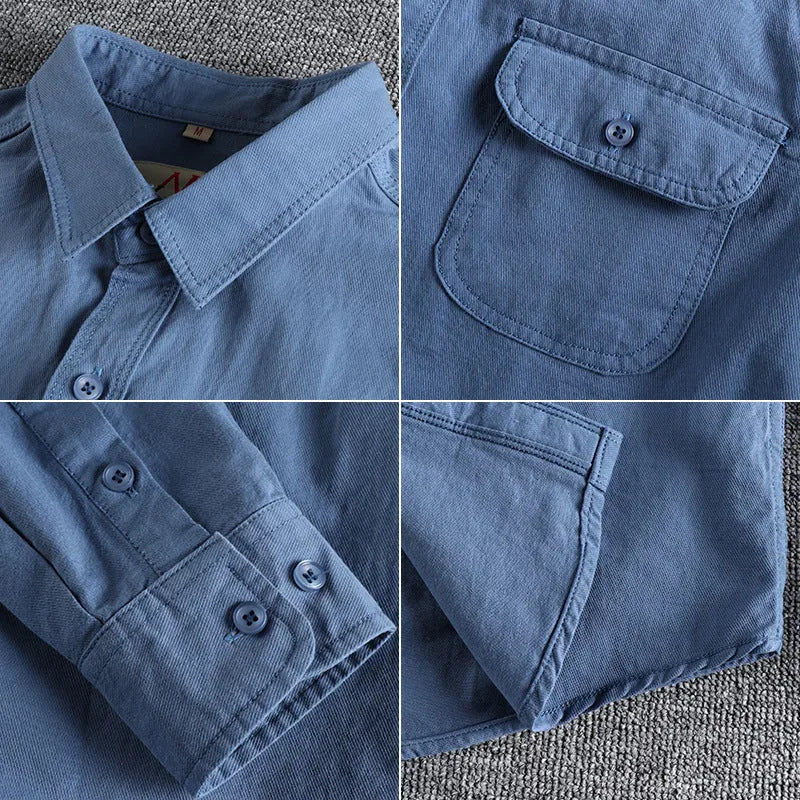 Men's retro cotton long sleeve shirt in solid white or light blue colour with cardigan-style cut
