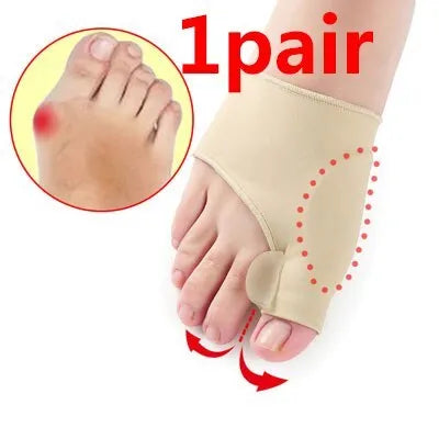 Corrective toe socks with silicone gel bunion pad and toe separator on a foot.