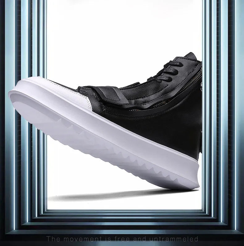 Men's black PU leather ankle boots with high-top sneaker design and microfiber upper