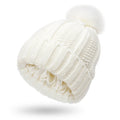 Wool knitted beanie hat with satin lining and faux fur pom pom in beige colour