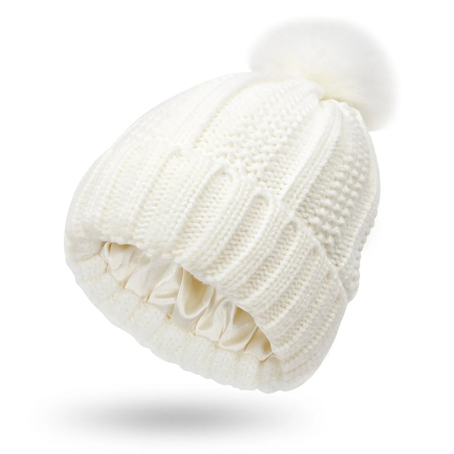Wool knitted beanie hat with satin lining and faux fur pom pom in beige colour