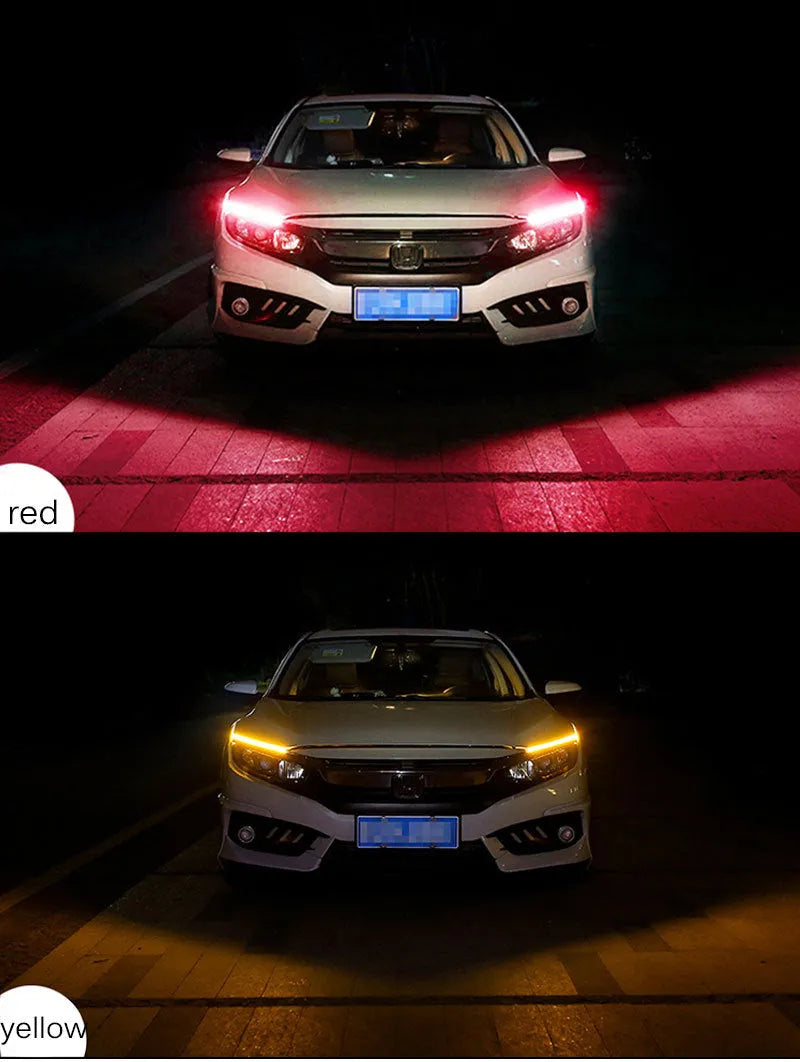 Flexible silicone car LED strip light showing daytime running light and flowing turn signal function in blue to yellow colour.