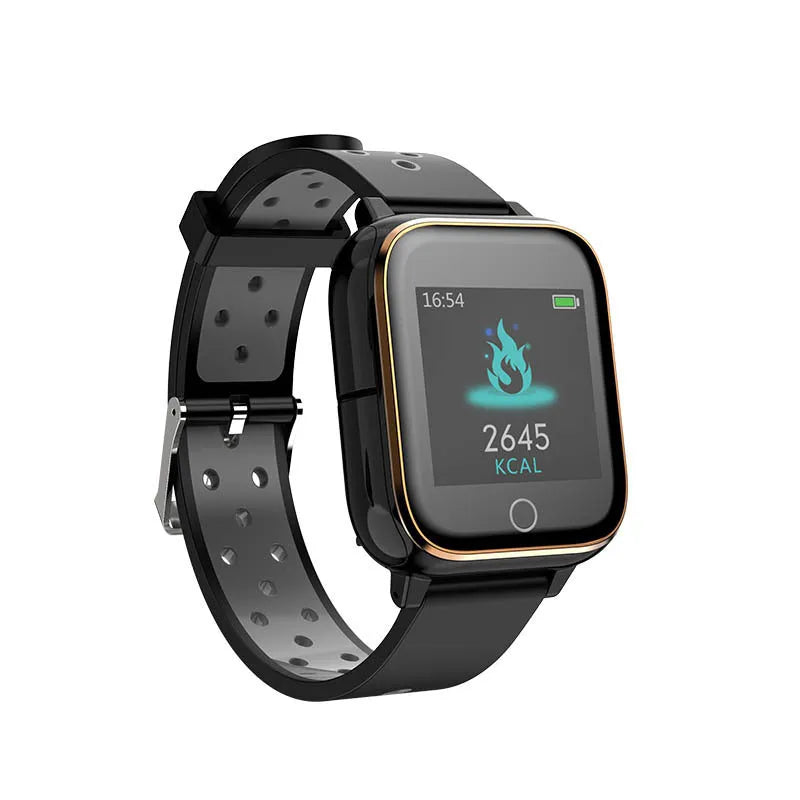 Black smartwatch with integrated Bluetooth earbuds showing heart rate monitoring on 1.4-inch screen