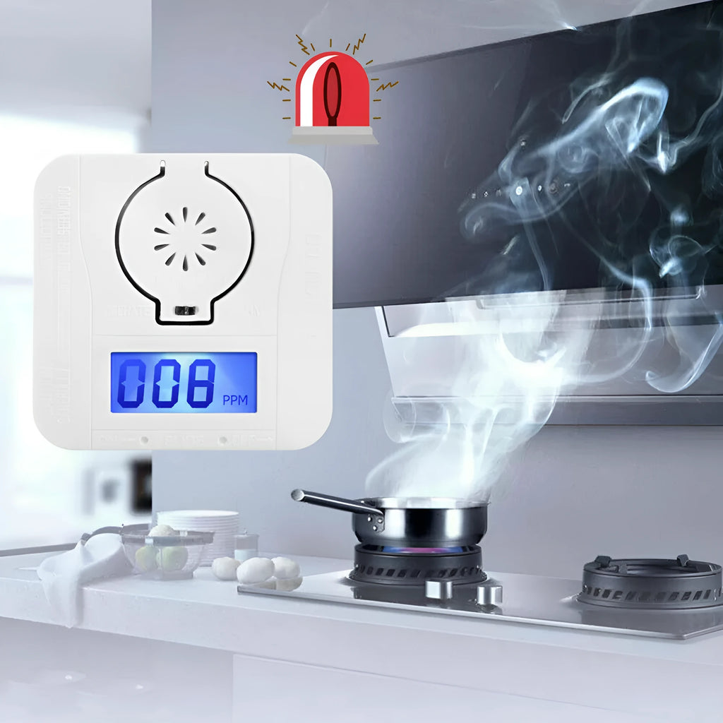 White wireless carbon monoxide alarm unit for wall mounting, detects CO gas from coal stoves.