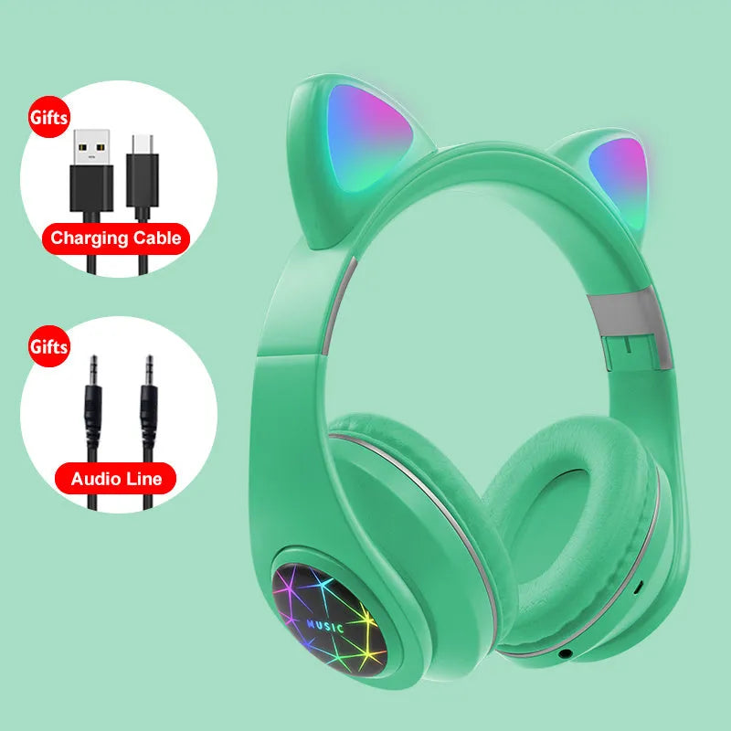 Cat ear wireless sports Bluetooth headphones in multiple colours showing head-mounted design