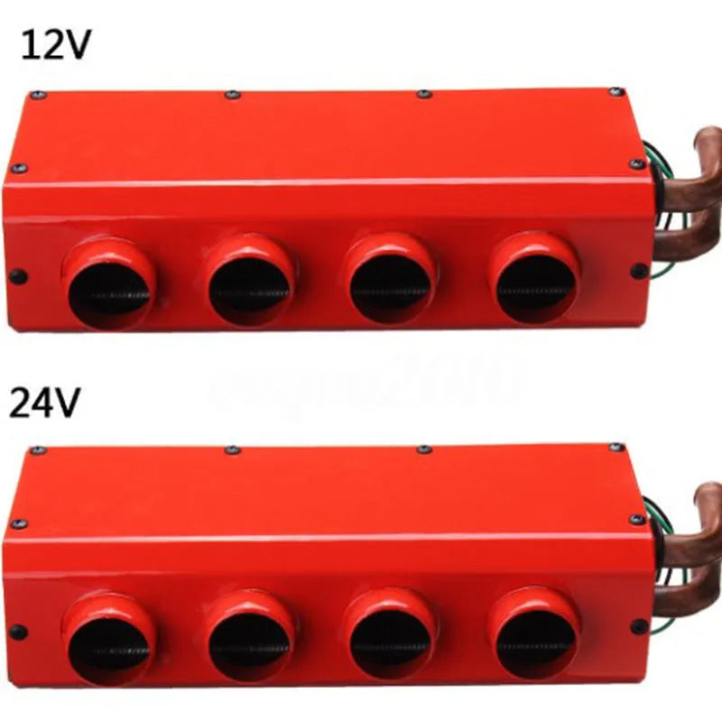 Metal car heater with copper pipe connections for 12V and 24V vehicle systems.