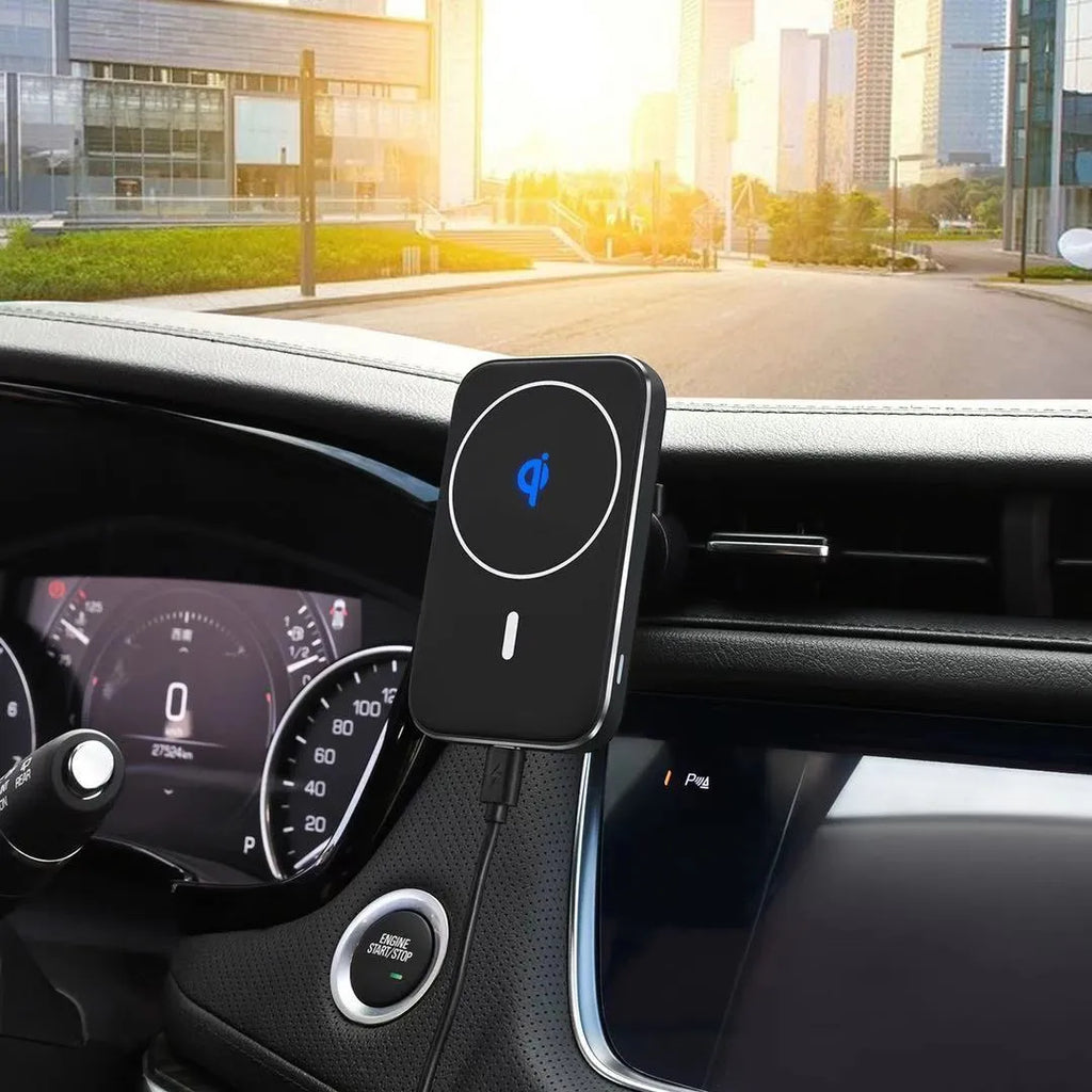 Black M6 magnetic wireless car phone charger mounted on a car air vent.