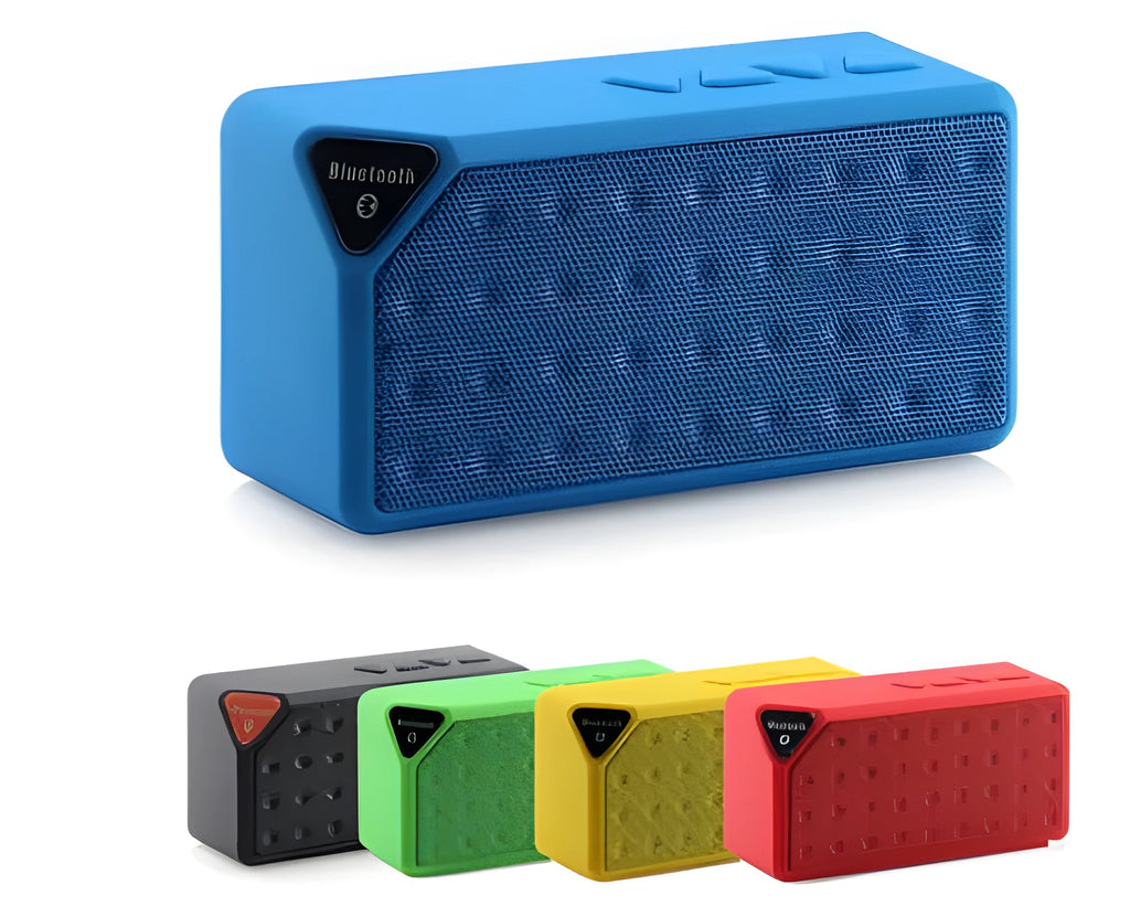 Cannon X3 small portable Bluetooth speaker in black, blue, green, red, or yellow colour with cube subwoofer design