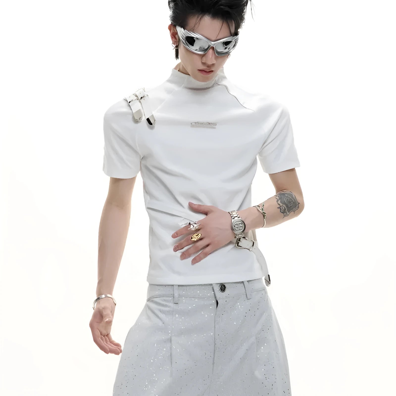 Men's cotton short sleeve T-shirt with stand-up collar in slim fit white and black colour options